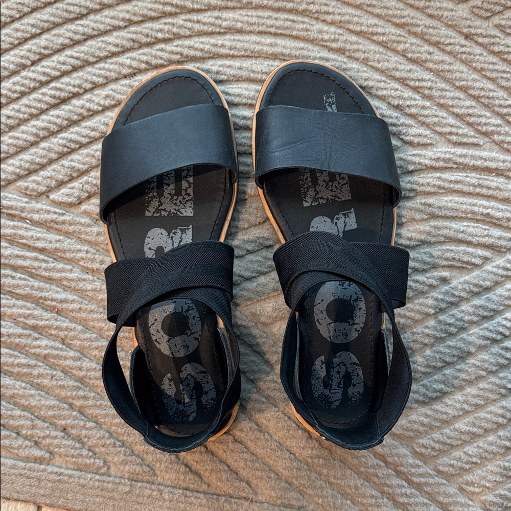 Sorel Ella II Women’s flat black leather sandals Size 7
